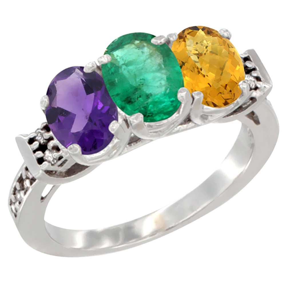 14K White Gold Natural Amethyst, Emerald & Whisky Quartz Ring 3-Stone 7x5 mm Oval Diamond Accent, sizes 5 - 10