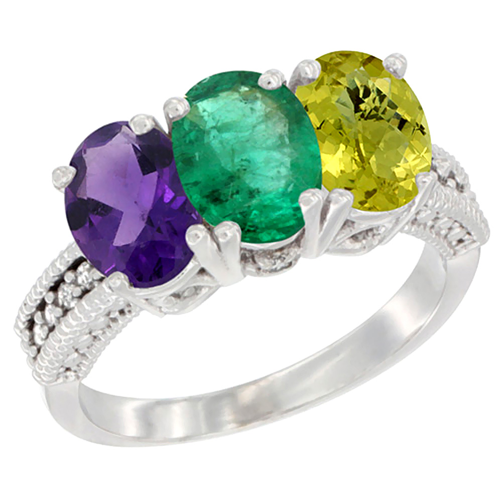 10K White Gold Natural Amethyst, Emerald &amp; Lemon Quartz Ring 3-Stone Oval 7x5 mm Diamond Accent, sizes 5 - 10