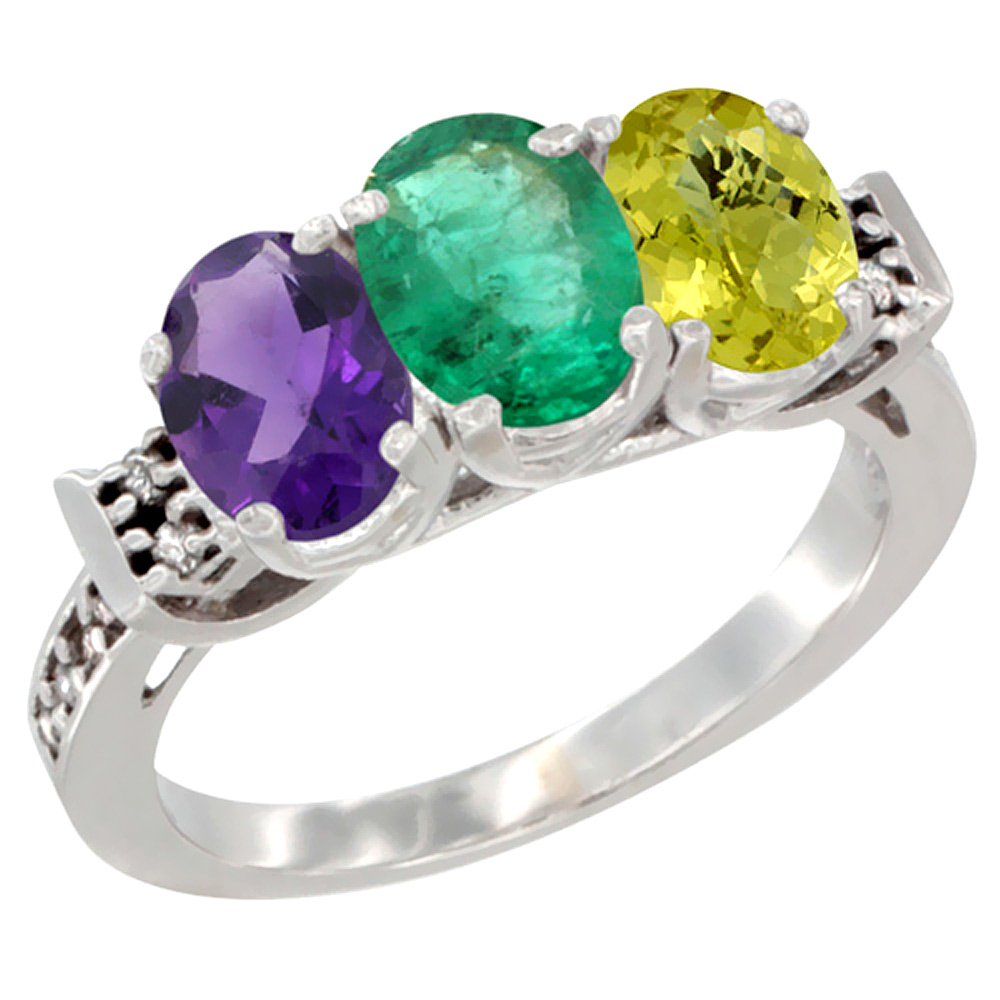 14K White Gold Natural Amethyst, Emerald & Lemon Quartz Ring 3-Stone 7x5 mm Oval Diamond Accent, sizes 5 - 10