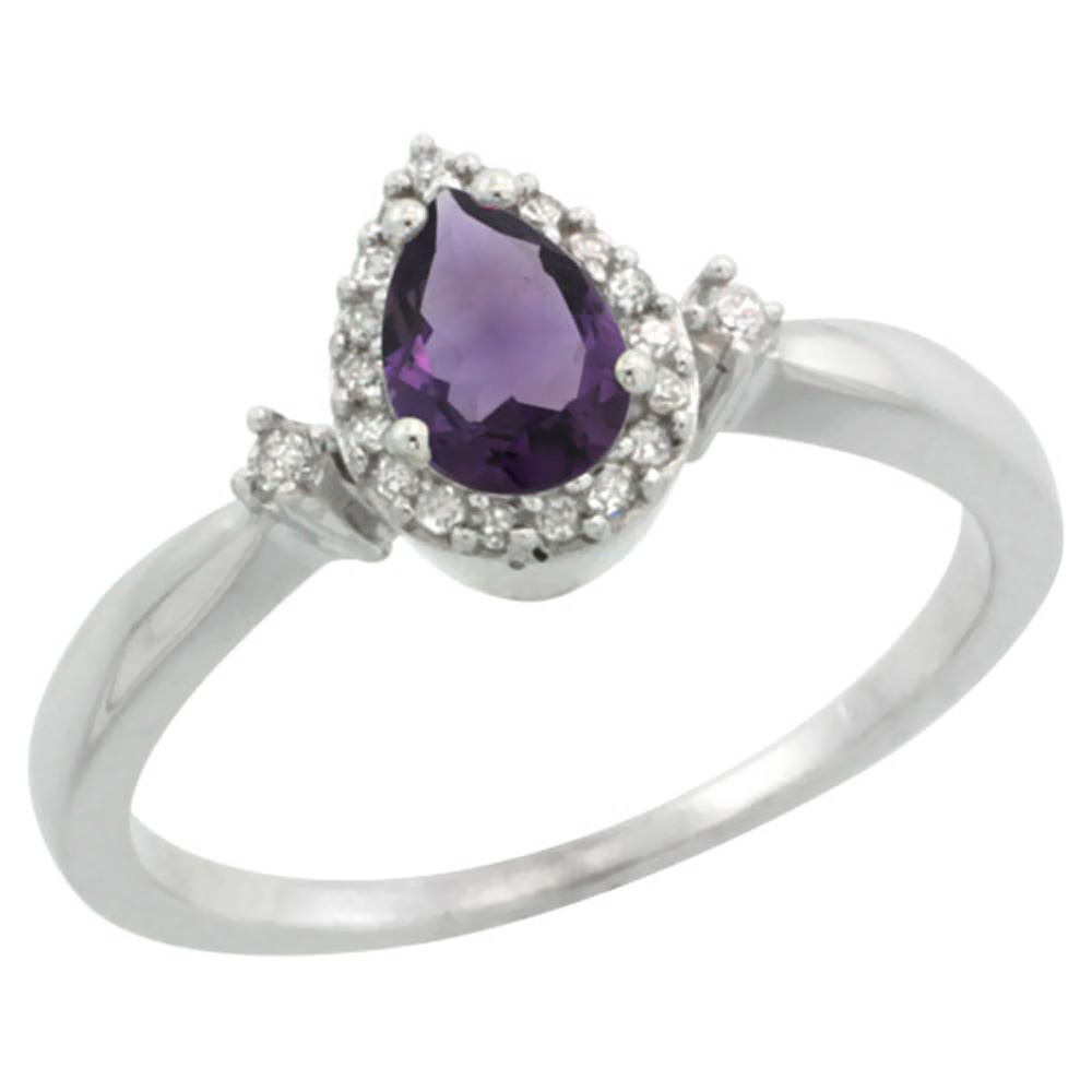 14K White Gold Diamond Natural Amethyst Ring Pear 6x4mm, sizes 5-10