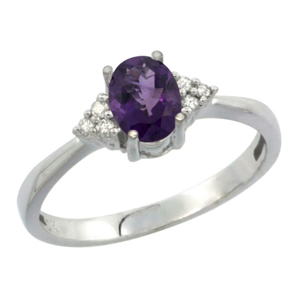 10K White Gold Diamond Genuine Amethyst Engagement Ring Oval 7x5mm sizes 5-10