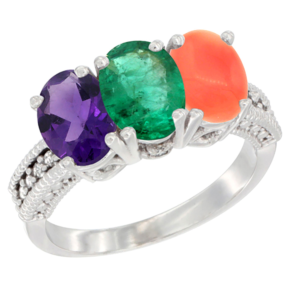 14K White Gold Natural Amethyst, Emerald &amp; Coral Ring 3-Stone 7x5 mm Oval Diamond Accent, sizes 5 - 10