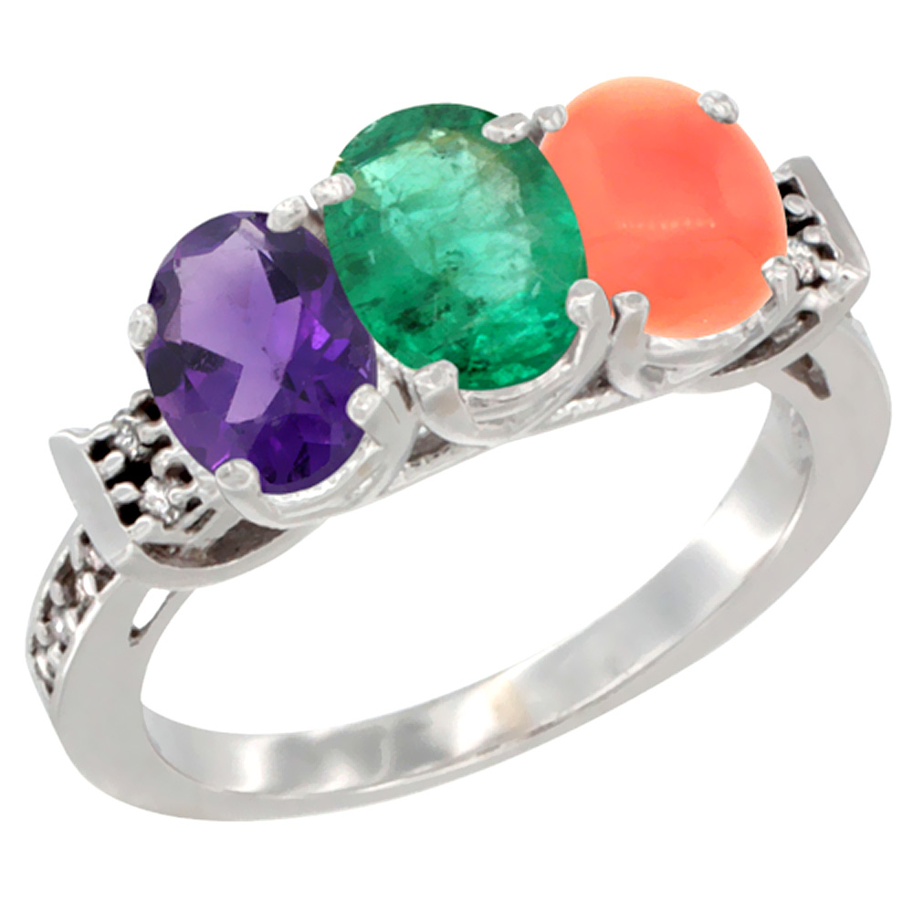 10K White Gold Natural Amethyst, Emerald &amp; Coral Ring 3-Stone Oval 7x5 mm Diamond Accent, sizes 5 - 10