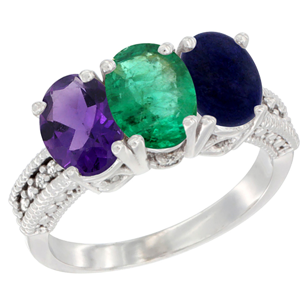 10K White Gold Natural Amethyst, Emerald & Lapis Ring 3-Stone Oval 7x5 mm Diamond Accent, sizes 5 - 10