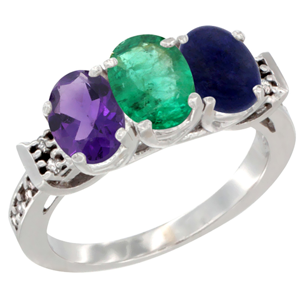 10K White Gold Natural Amethyst, Emerald & Lapis Ring 3-Stone Oval 7x5 mm Diamond Accent, sizes 5 - 10