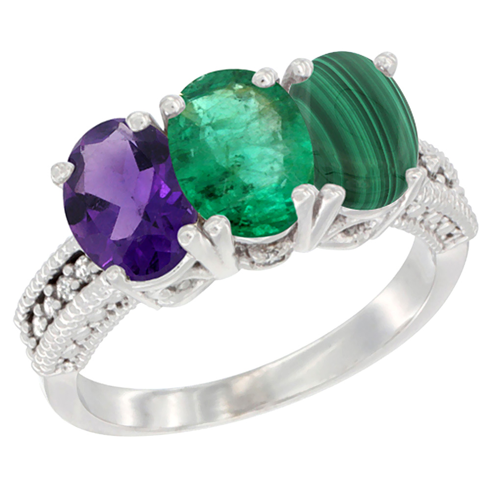 10K White Gold Natural Amethyst, Emerald &amp; Malachite Ring 3-Stone Oval 7x5 mm Diamond Accent, sizes 5 - 10