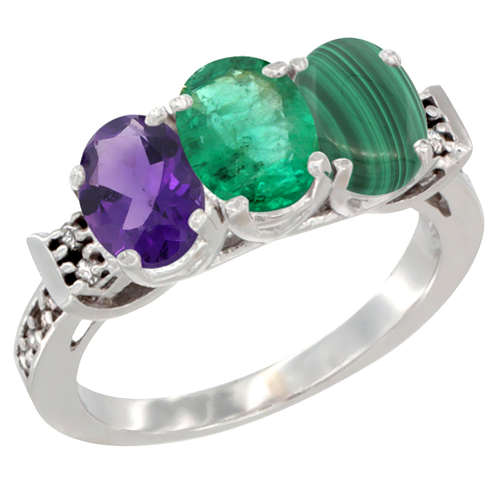 10K White Gold Natural Amethyst, Emerald & Malachite Ring 3-Stone Oval 7x5 mm Diamond Accent, sizes 5 - 10