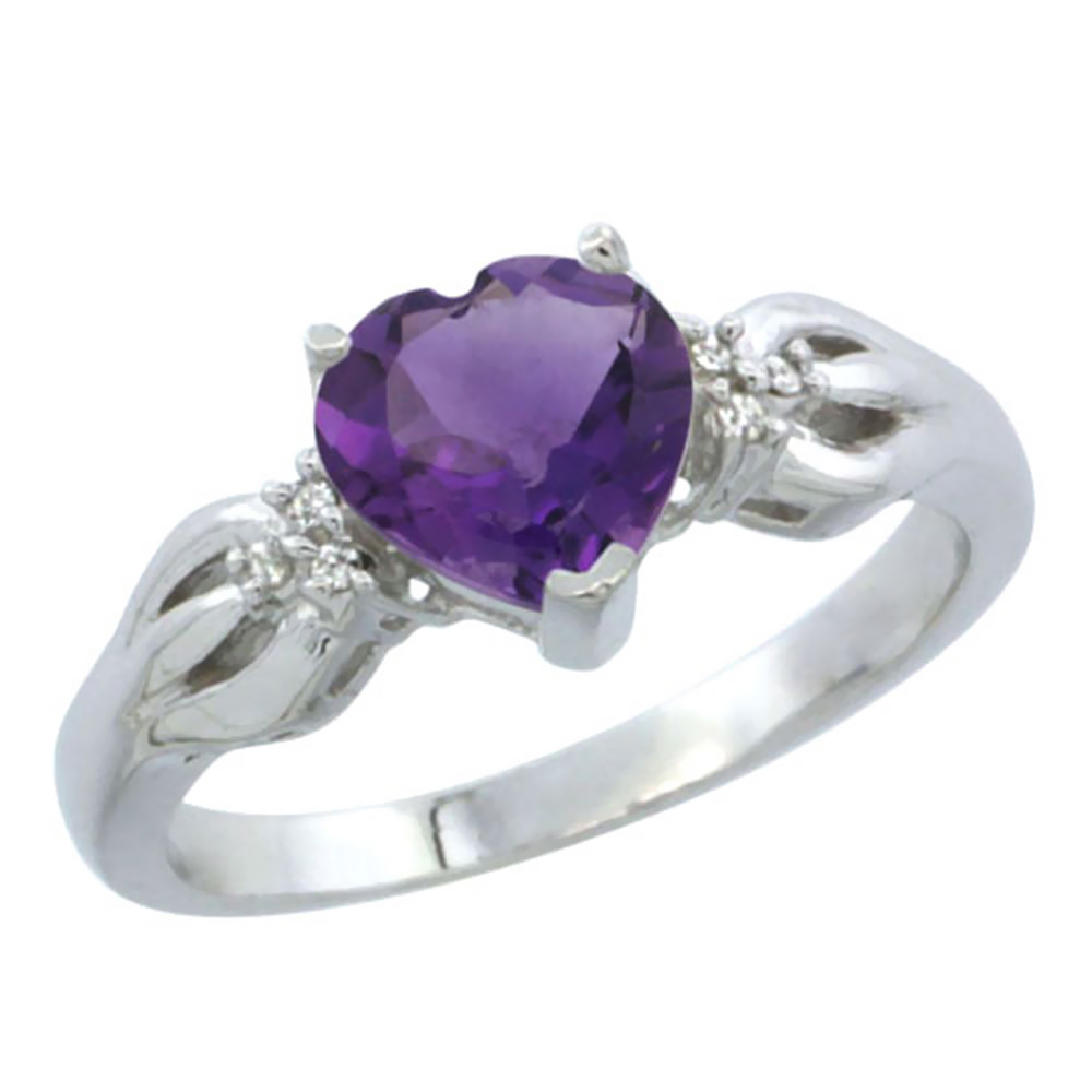 10K White Gold Genuine Amethyst Ring Heart-shape 7x7mm Diamond Accent sizes 5-10