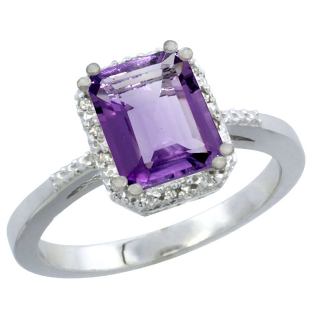 10K White Gold Genuine Amethyst Ring Emerald-shape 8x6mm Diamond Accent sizes 5-10