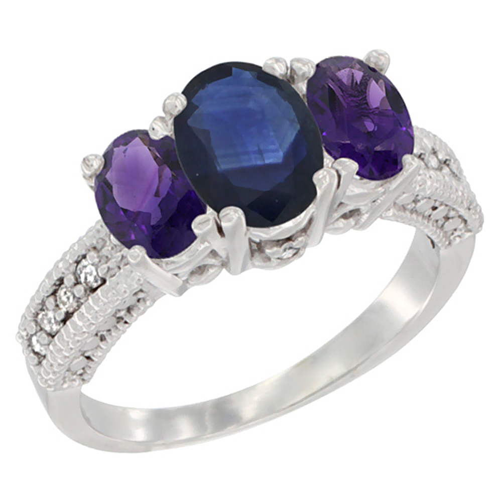 14K White Gold Diamond Natural Blue Sapphire Ring Oval 3-stone with Amethyst, sizes 5 - 10