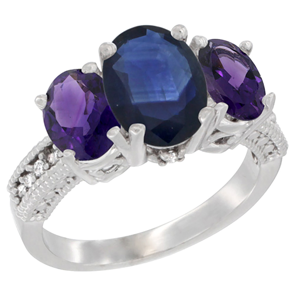 14K White Gold Diamond Natural Blue Sapphire Ring 3-Stone Oval 8x6mm with Amethyst, sizes5-10