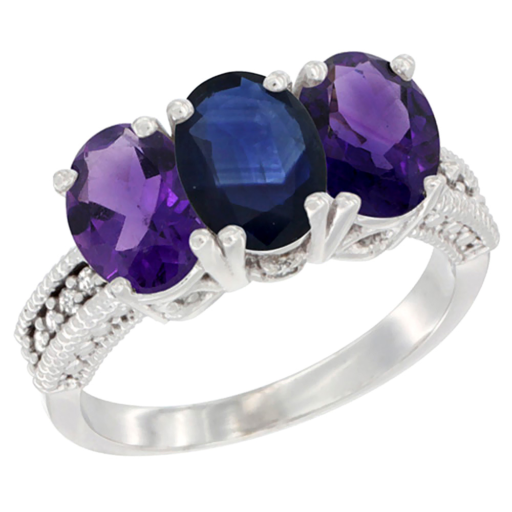 10K White Gold Natural Blue Sapphire & Amethyst Sides Ring 3-Stone Oval 7x5 mm Diamond Accent, sizes 5 - 10