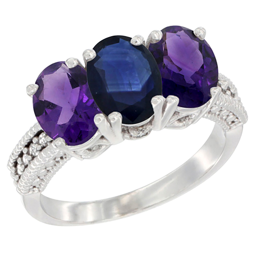 14K White Gold Natural Blue Sapphire &amp; Amethyst Ring 3-Stone 7x5 mm Oval Diamond Accent, sizes 5 - 10