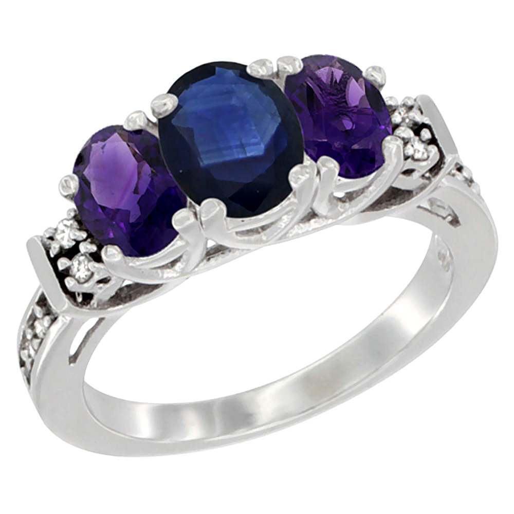 14K White Gold Natural Blue Sapphire & Amethyst Ring 3-Stone Oval Diamond Accent, sizes 5-10