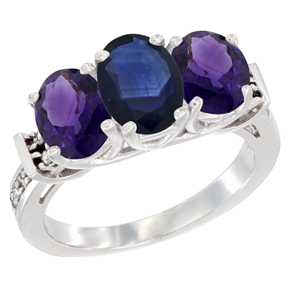 14K White Gold Natural Blue Sapphire & Amethyst Sides Ring 3-Stone Oval Diamond Accent, sizes 5 - 10