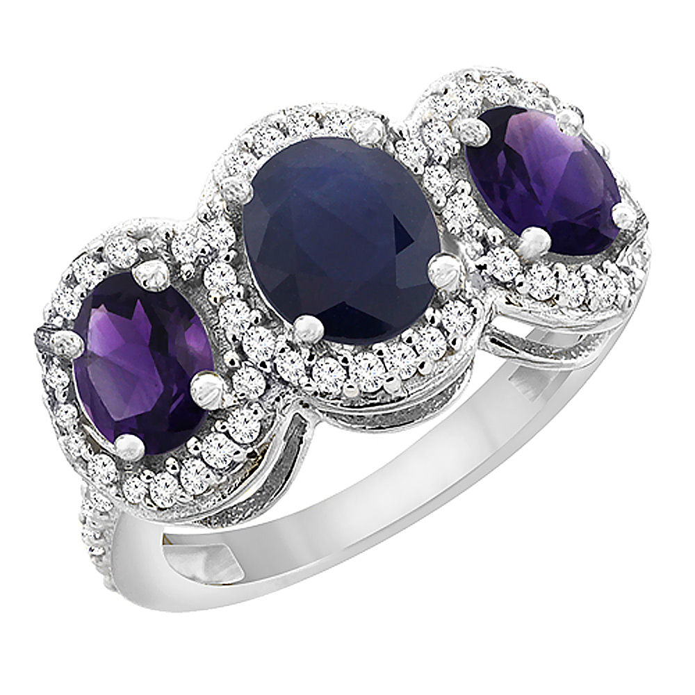 14K White Gold Natural Blue Sapphire & Amethyst 3-Stone Ring Oval Diamond Accent, sizes 5 - 10