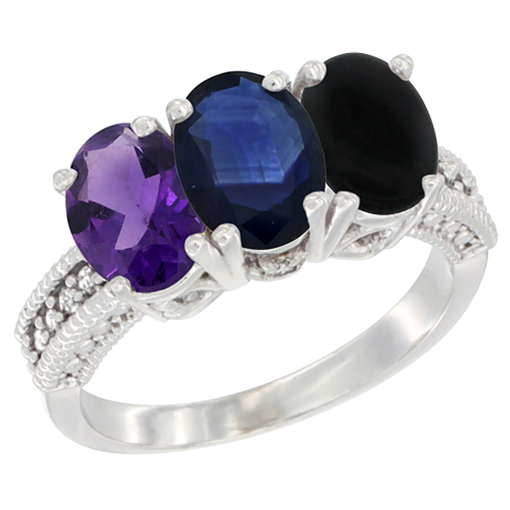 10K White Gold Natural Amethyst, Blue Sapphire &amp; Black Onyx Ring 3-Stone Oval 7x5 mm Diamond Accent, sizes 5 - 10