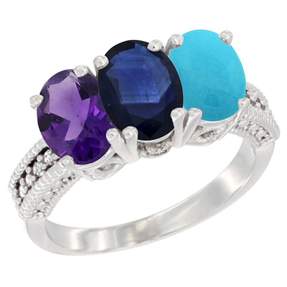 10K White Gold Natural Amethyst, Blue Sapphire &amp; Turquoise Ring 3-Stone Oval 7x5 mm Diamond Accent, sizes 5 - 10