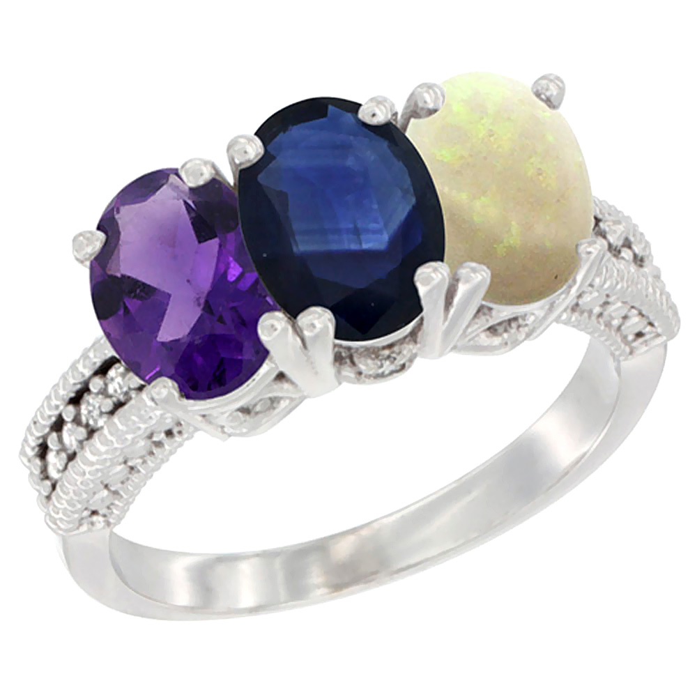 14K White Gold Natural Amethyst, Blue Sapphire & Opal Ring 3-Stone 7x5 mm Oval Diamond Accent, sizes 5 - 10