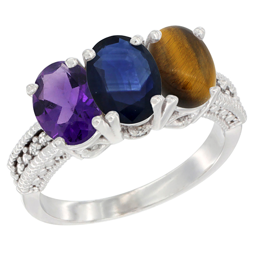 10K White Gold Natural Amethyst, Blue Sapphire & Tiger Eye Ring 3-Stone Oval 7x5 mm Diamond Accent, sizes 5 - 10