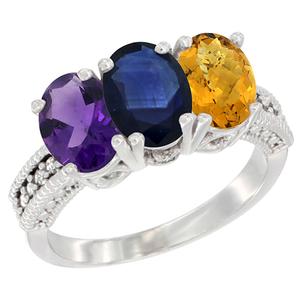 10K White Gold Natural Amethyst, Blue Sapphire &amp; Whisky Quartz Ring 3-Stone Oval 7x5 mm Diamond Accent, sizes 5 - 10