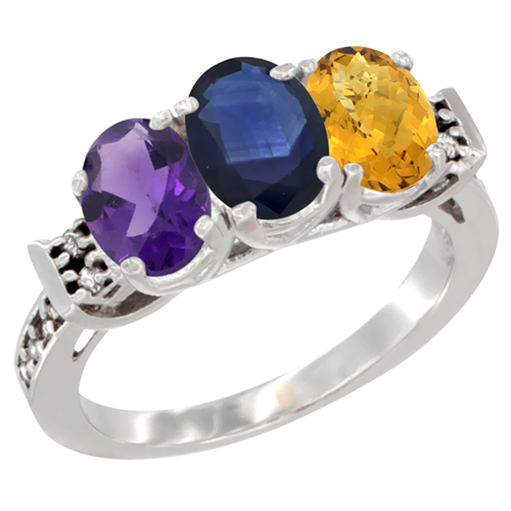 14K White Gold Natural Amethyst, Blue Sapphire & Whisky Quartz Ring 3-Stone 7x5 mm Oval Diamond Accent, sizes 5 - 10