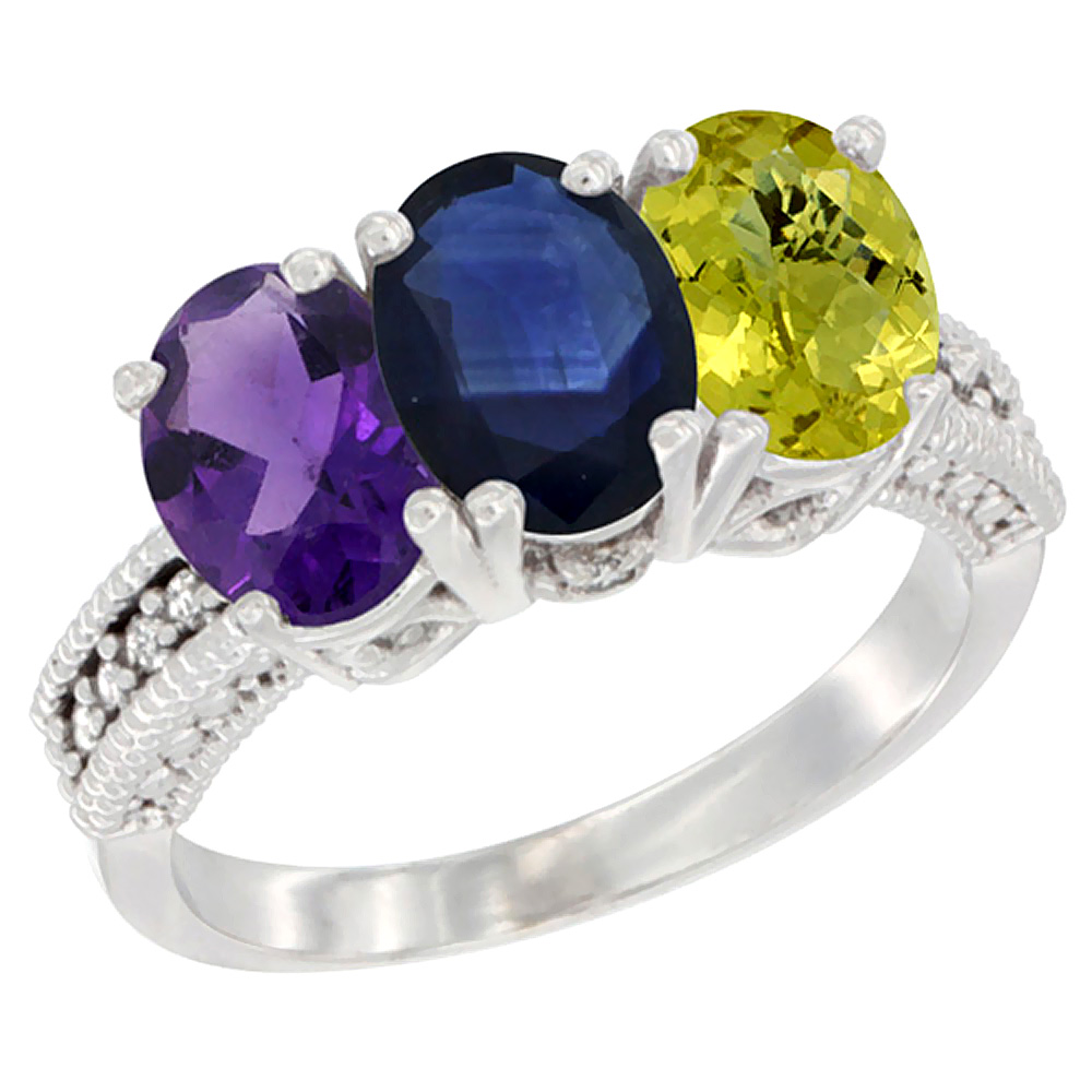 14K White Gold Natural Amethyst, Blue Sapphire &amp; Lemon Quartz Ring 3-Stone 7x5 mm Oval Diamond Accent, sizes 5 - 10