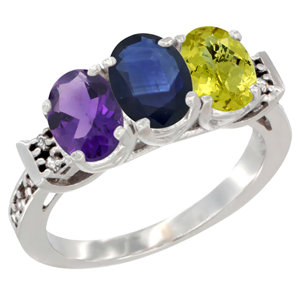 10K White Gold Natural Amethyst, Blue Sapphire & Lemon Quartz Ring 3-Stone Oval 7x5 mm Diamond Accent, sizes 5 - 10