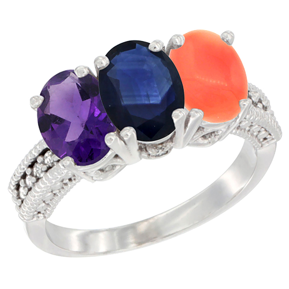 14K White Gold Natural Amethyst, Blue Sapphire & Coral Ring 3-Stone 7x5 mm Oval Diamond Accent, sizes 5 - 10