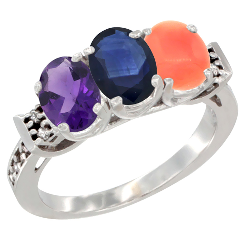 14K White Gold Natural Amethyst, Blue Sapphire & Coral Ring 3-Stone 7x5 mm Oval Diamond Accent, sizes 5 - 10