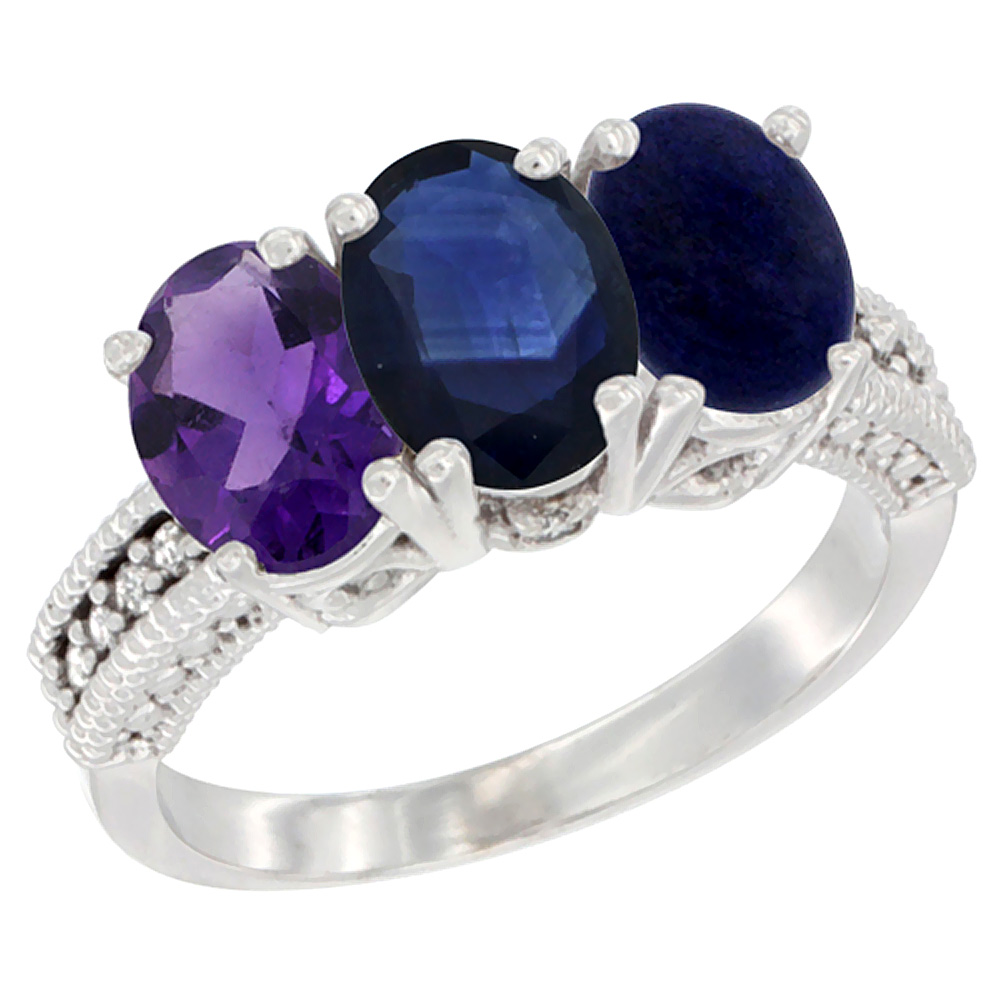 14K White Gold Natural Amethyst, Blue Sapphire &amp; Lapis Ring 3-Stone 7x5 mm Oval Diamond Accent, sizes 5 - 10