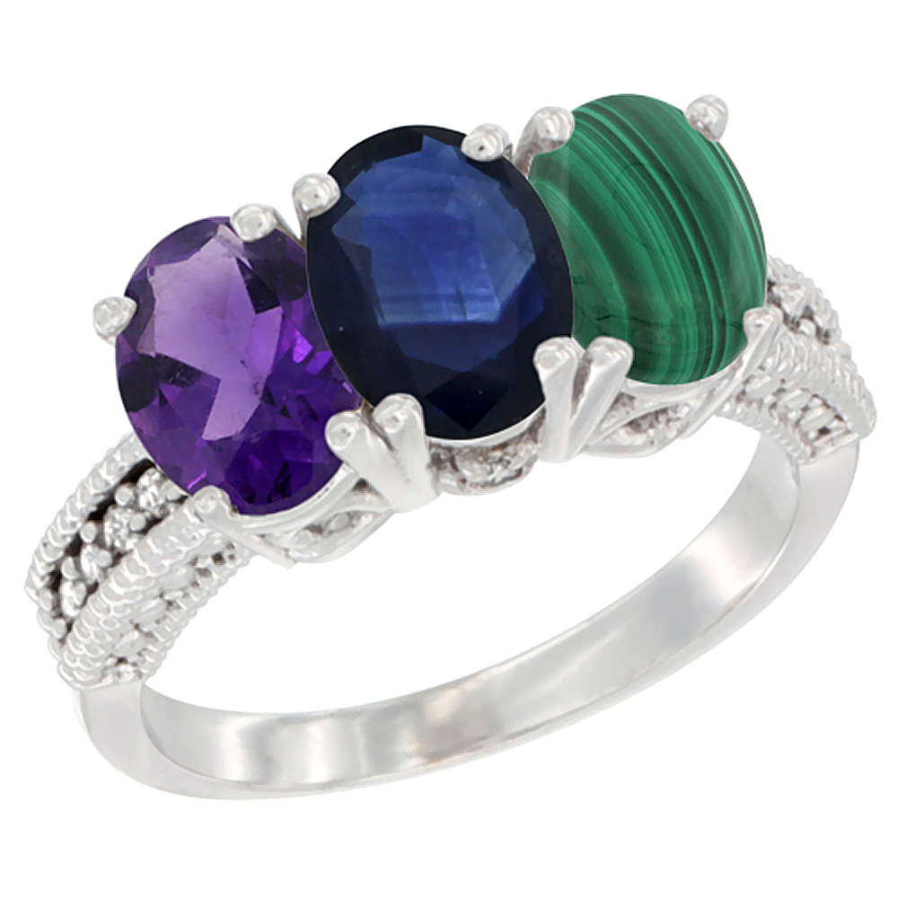 10K White Gold Natural Amethyst, Blue Sapphire &amp; Malachite Ring 3-Stone Oval 7x5 mm Diamond Accent, sizes 5 - 10