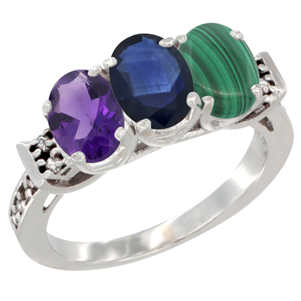 14K White Gold Natural Amethyst, Blue Sapphire &amp; Malachite Ring 3-Stone 7x5 mm Oval Diamond Accent, sizes 5 - 10