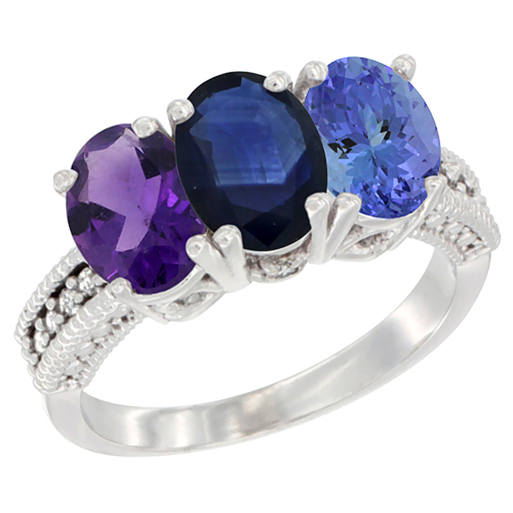 14K White Gold Natural Amethyst, Blue Sapphire & Tanzanite Ring 3-Stone 7x5 mm Oval Diamond Accent, sizes 5 - 10