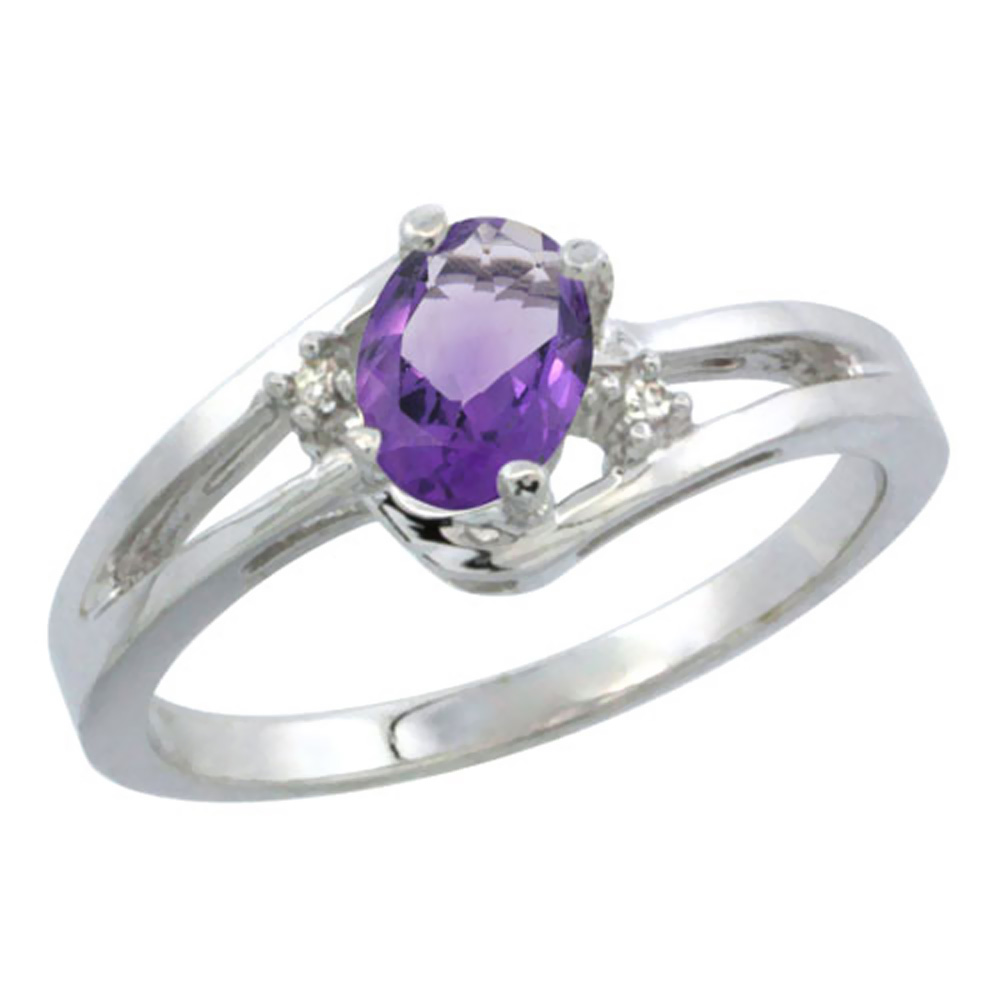 10K White Gold Diamond Genuine Amethyst Ring Oval 6x4 mm sizes 5-10