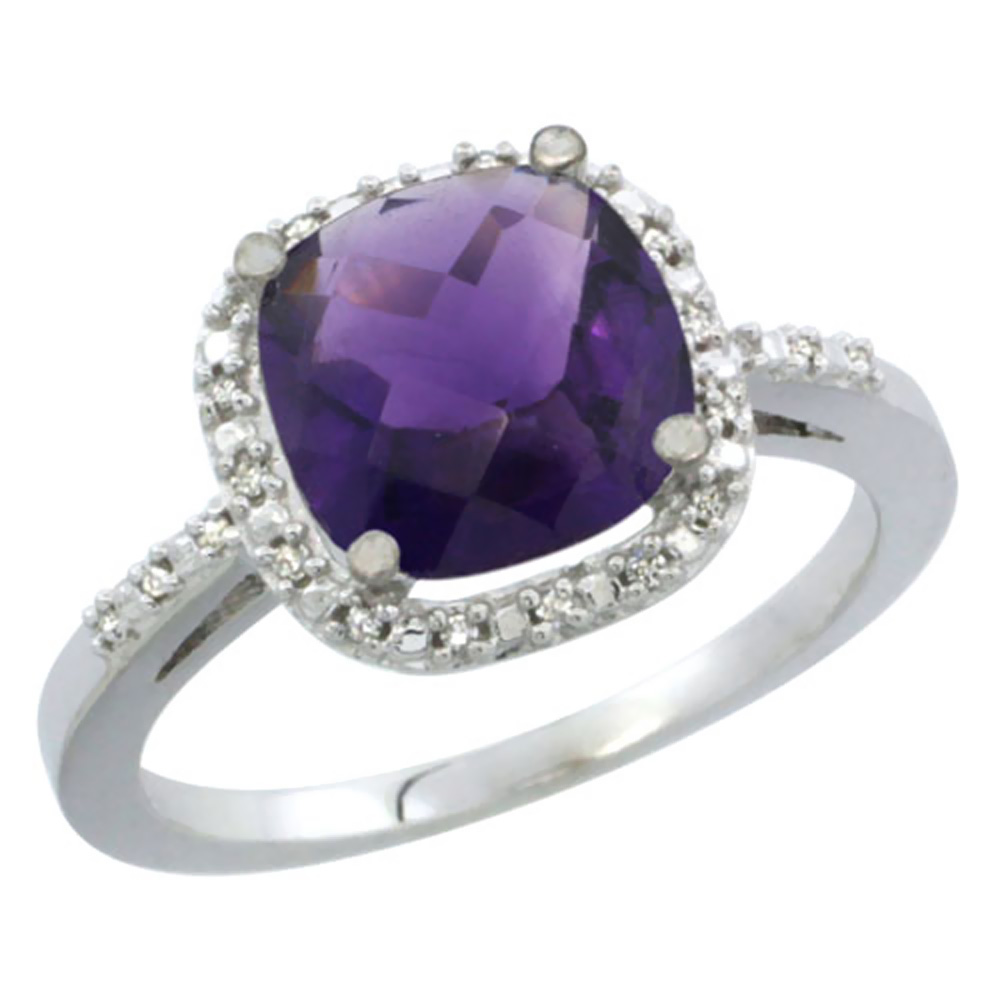 10K White Gold Genuine Amethyst Ring Cushion-cut 8x8mm Diamond Accent sizes 5-10