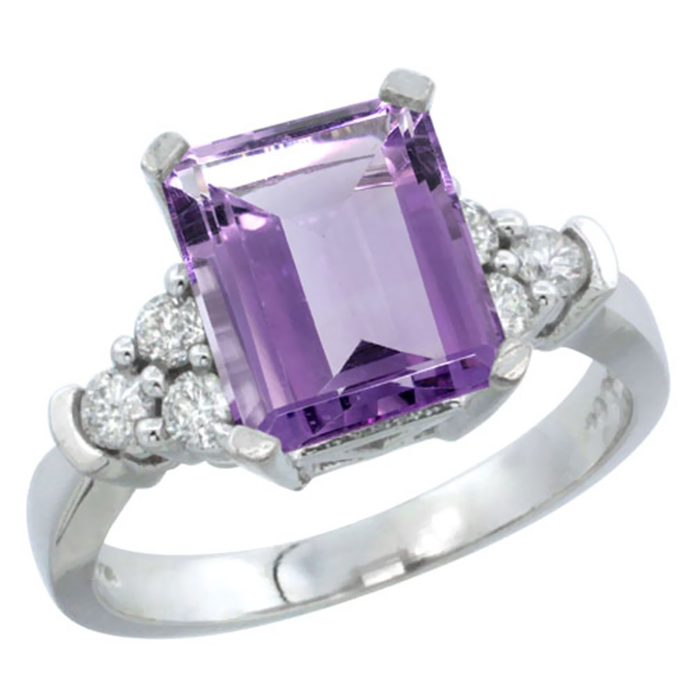 10K White Gold Genuine Amethyst Ring Octagon 9x7mm Diamond Accent sizes 5-10