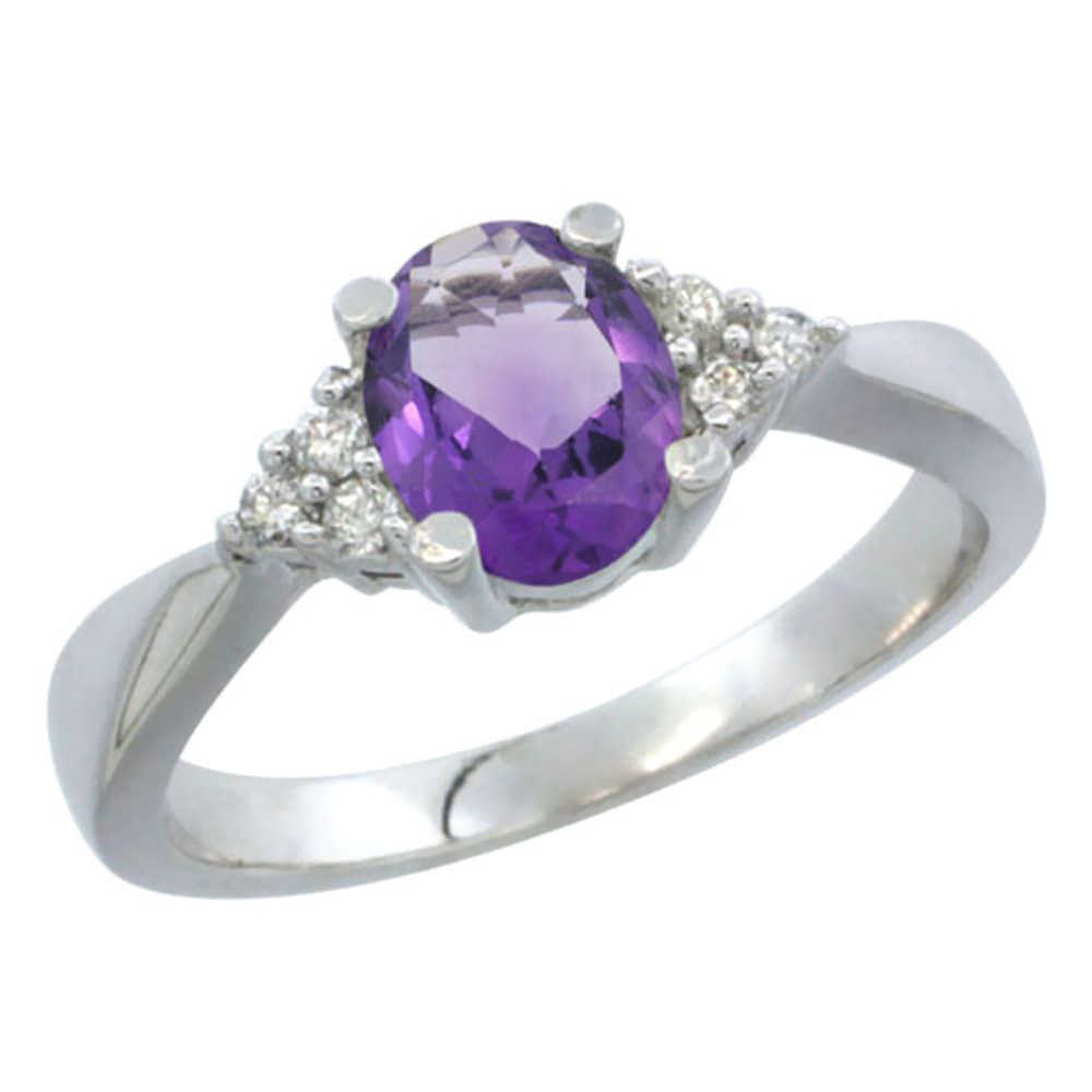 10K White Gold Diamond Genuine Amethyst Engagement Ring Oval 7x5mm sizes 5-10