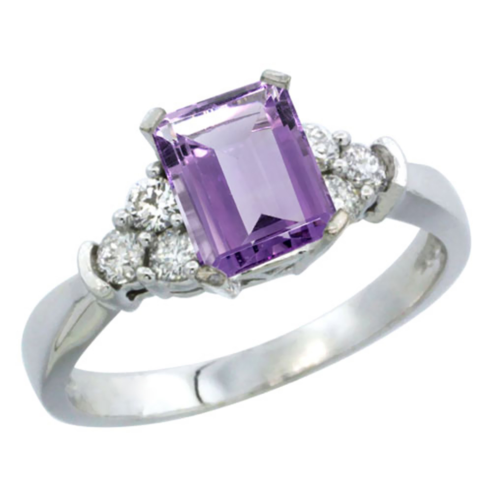 10K White Gold Genuine Amethyst Ring Octagon 7x5mm Diamond Accent sizes 5-10