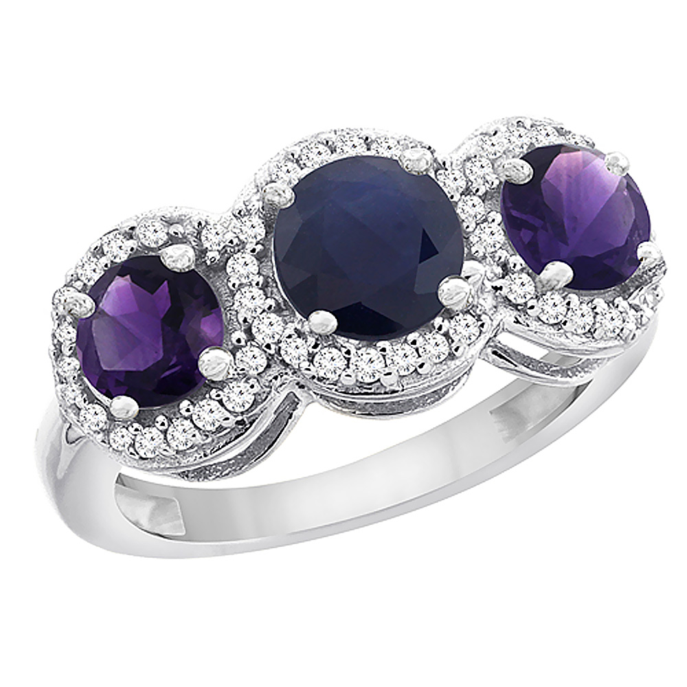 10K White Gold Natural High Quality Blue Sapphire &amp; Amethyst Sides Round 3-stone Ring Diamond Accents, sizes 5 - 10