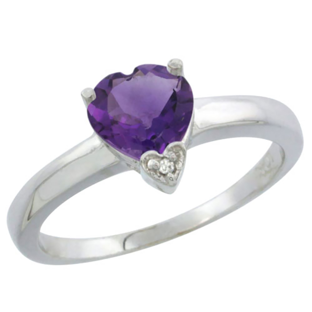 10K White Gold Genuine Amethyst Heart 7x7mm Diamond Accent sizes 5-10