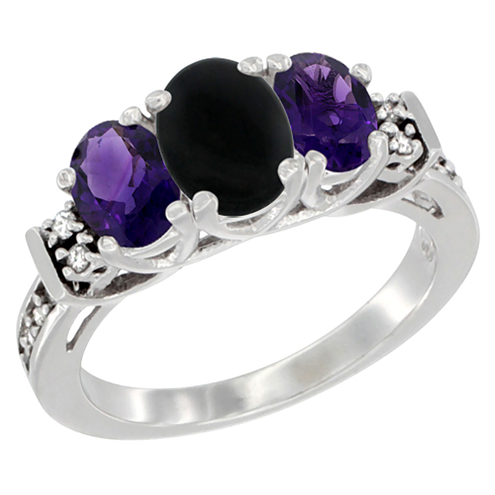 10K White Gold Natural Black Onyx &amp; Amethyst Ring 3-Stone Oval Diamond Accent, sizes 5-10