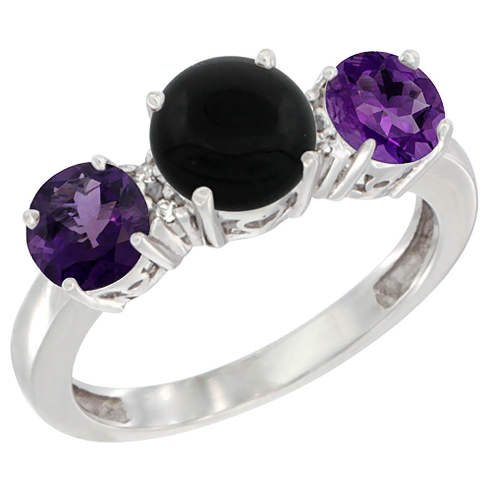 10K White Gold Round 3-Stone Natural Black Onyx Ring & Amethyst Sides Diamond Accent, sizes 5 - 10