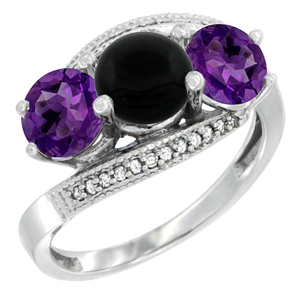 14K White Gold Natural Black Onyx &amp; Amethyst Sides 3 stone Ring Round 6mm Diamond Accent, sizes 5 - 10