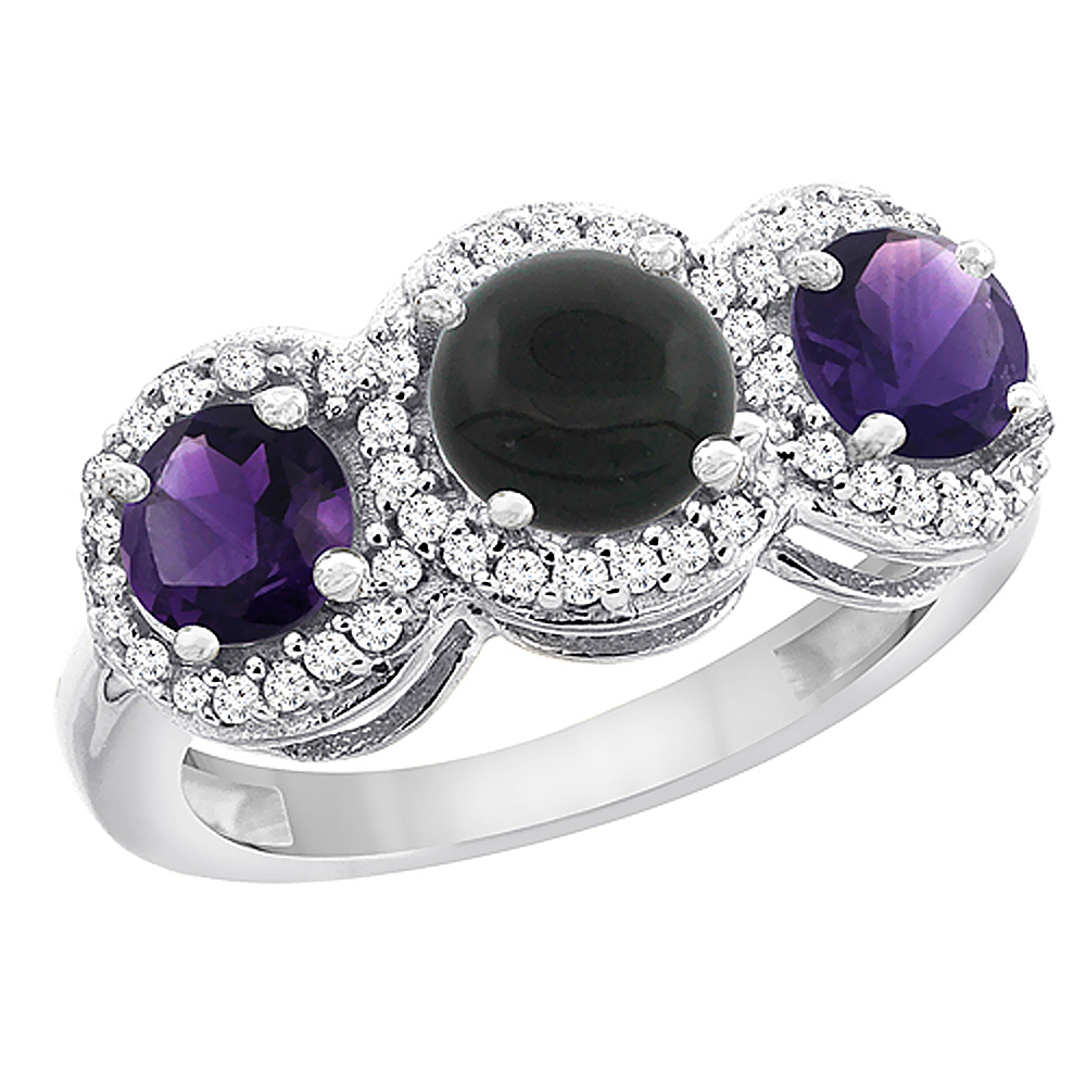 14K White Gold Natural Black Onyx & Amethyst Sides Round 3-stone Ring Diamond Accents, sizes 5 - 10