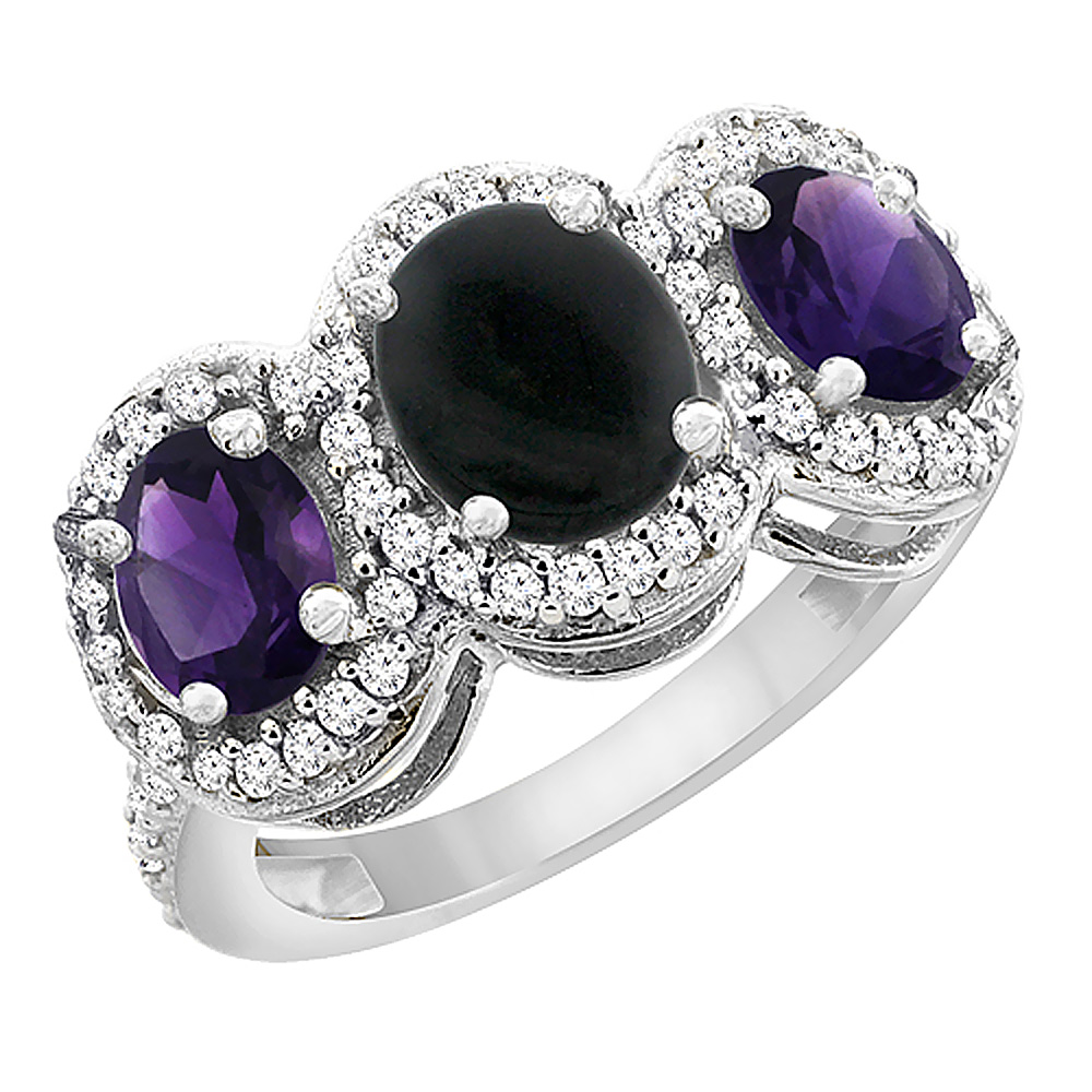 10K White Gold Natural Black Onyx & Amethyst 3-Stone Ring Oval Diamond Accent, sizes 5 - 10
