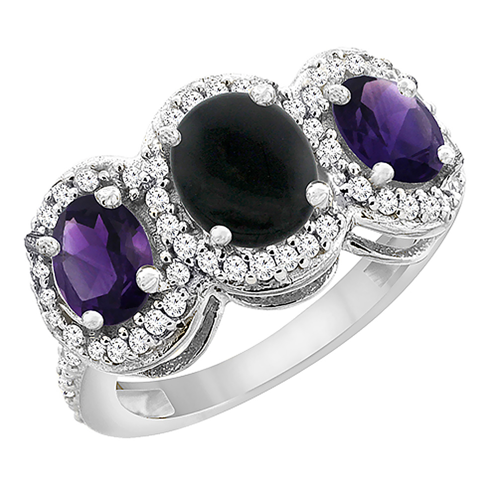 10K White Gold Natural Black Onyx &amp; Amethyst 3-Stone Ring Oval Diamond Accent, sizes 5 - 10