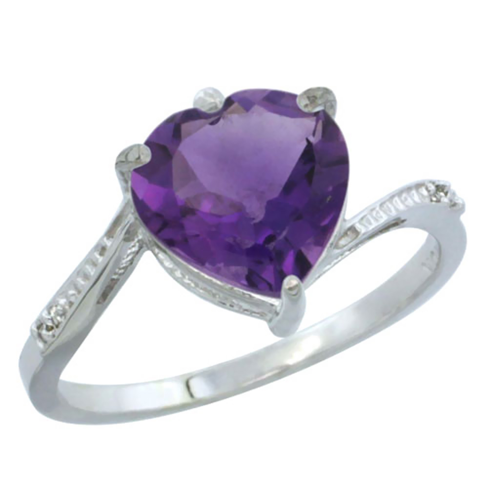 10K White Gold Genuine Amethyst Ring Heart 9x9mm Diamond Accent sizes 5-10