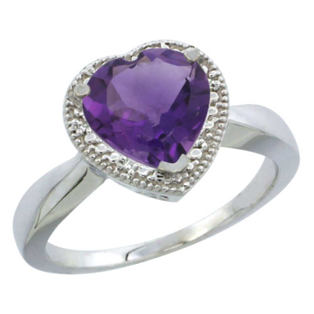 10K White Gold Genuine Amethyst Ring Heart 8x8mm Diamond Accent sizes 5-10