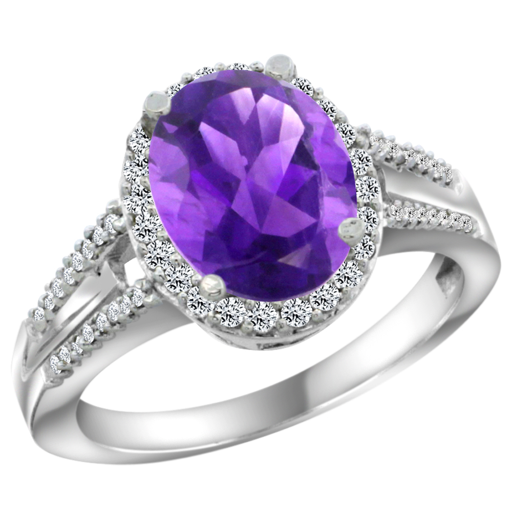 14K White Gold Diamond Natural Amethyst Engagement Ring Oval 10x8mm, sizes 5-10